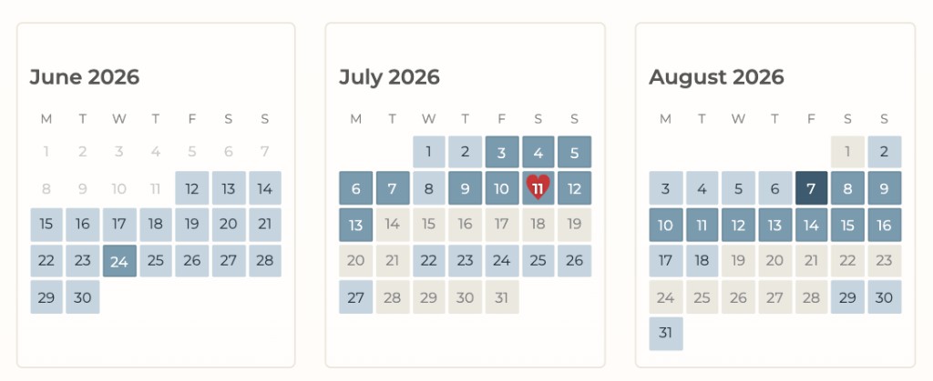 Sample 90-day forecast calendar with Peak, Active, Mild, and Background romantic tiers